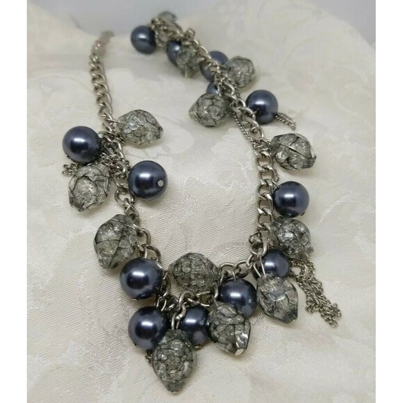 Statement Necklace Silver Tone Chain Link Smoky Grey Dangling Plastic Beads 24" - Picture 4 of 7